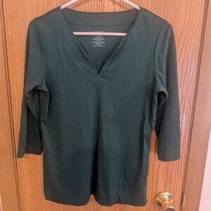 L.L. Bean Split Neck Supima Cotton 3/4 Length Sleeve Hunter Green Top-Women's XS